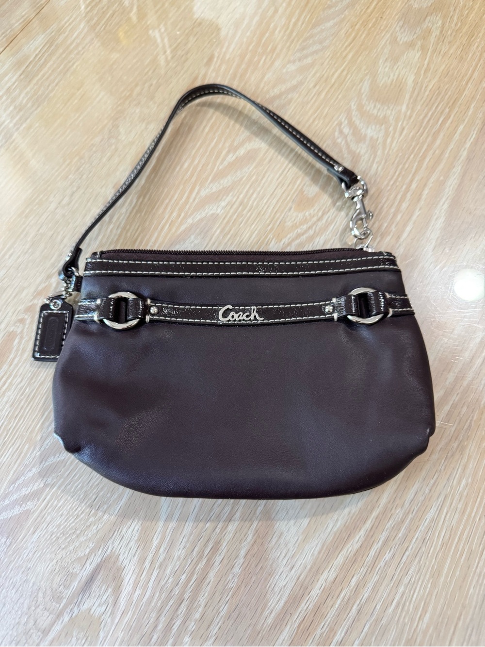 Coach Dark Brown Leather Wristlet with Silver Hardware